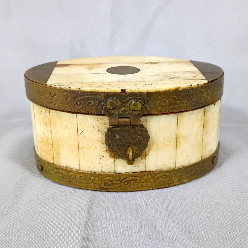 Oval Bone Inlay Trinket Box - Brass-Tone Metal Bands & Latch, Made in India